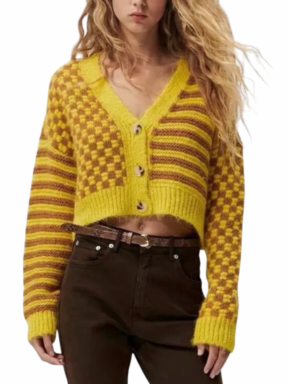 Zara Yellow and Brown Cropped V-Neck Button Cardigan